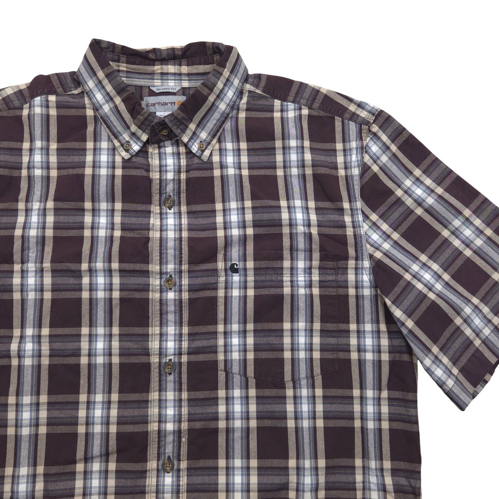 Carhartt‎ Mens Large Essential Short-Sleeve Button Brown Plaid Shirt 101155